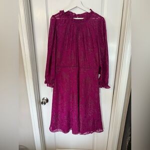 NWT Maggy London Women’s Fuschia Nila Chiffon Lace Bishop Sleeve Dress Size 16